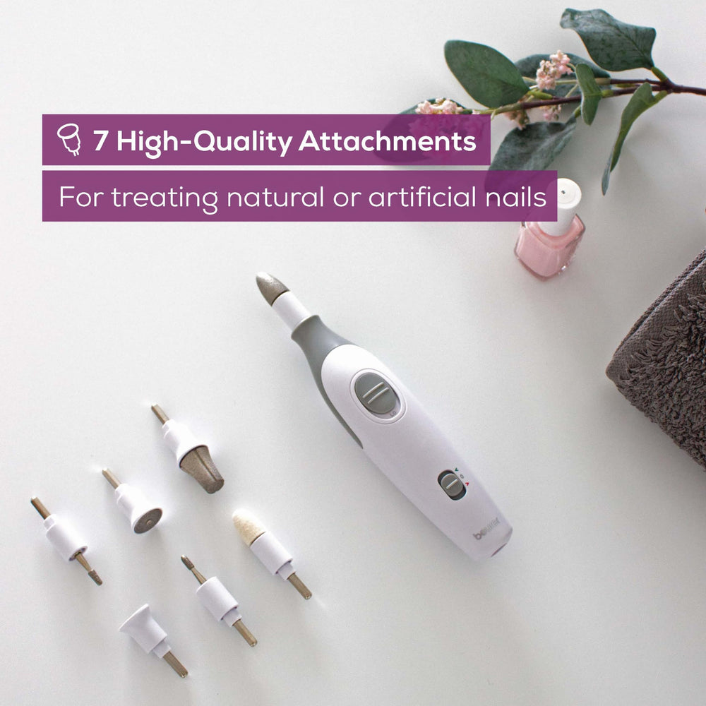 Beurer MP32 ergonomic handle provides secure grip for comfortable nail care sessions.