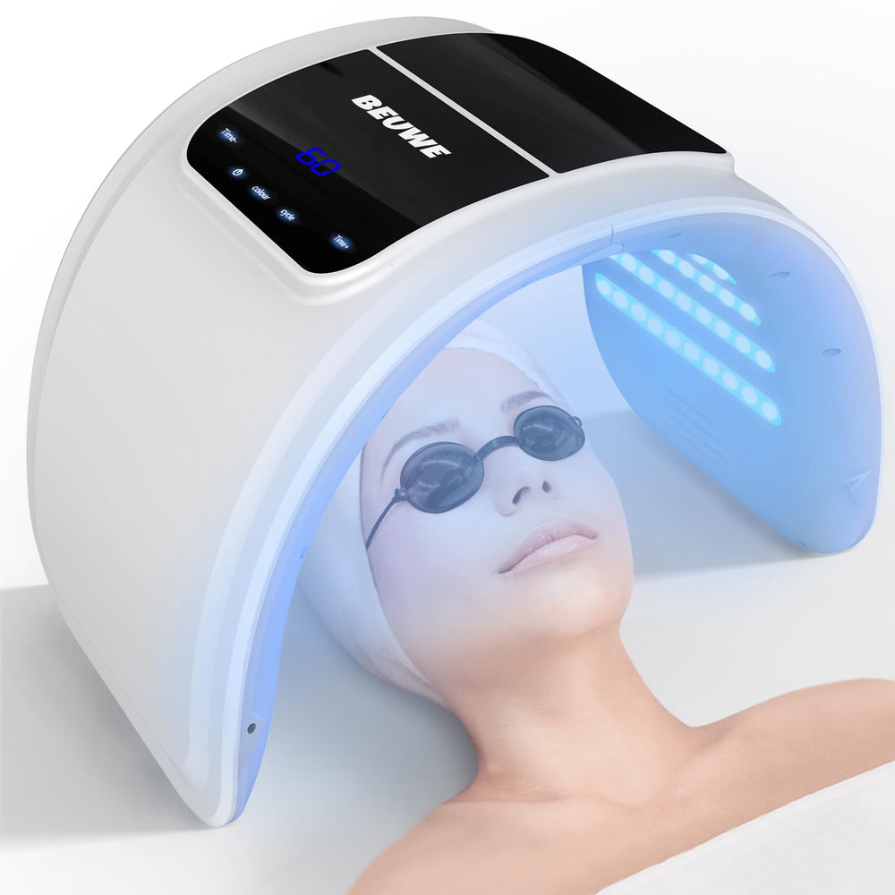 Beuwe LED face mask close-up showing red light therapy for soothing skin