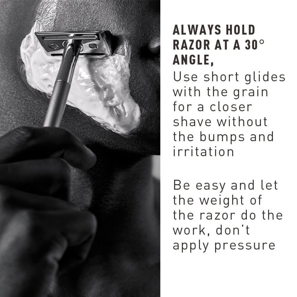 Bevel safety razor close-up showing balanced weight for reduced effort