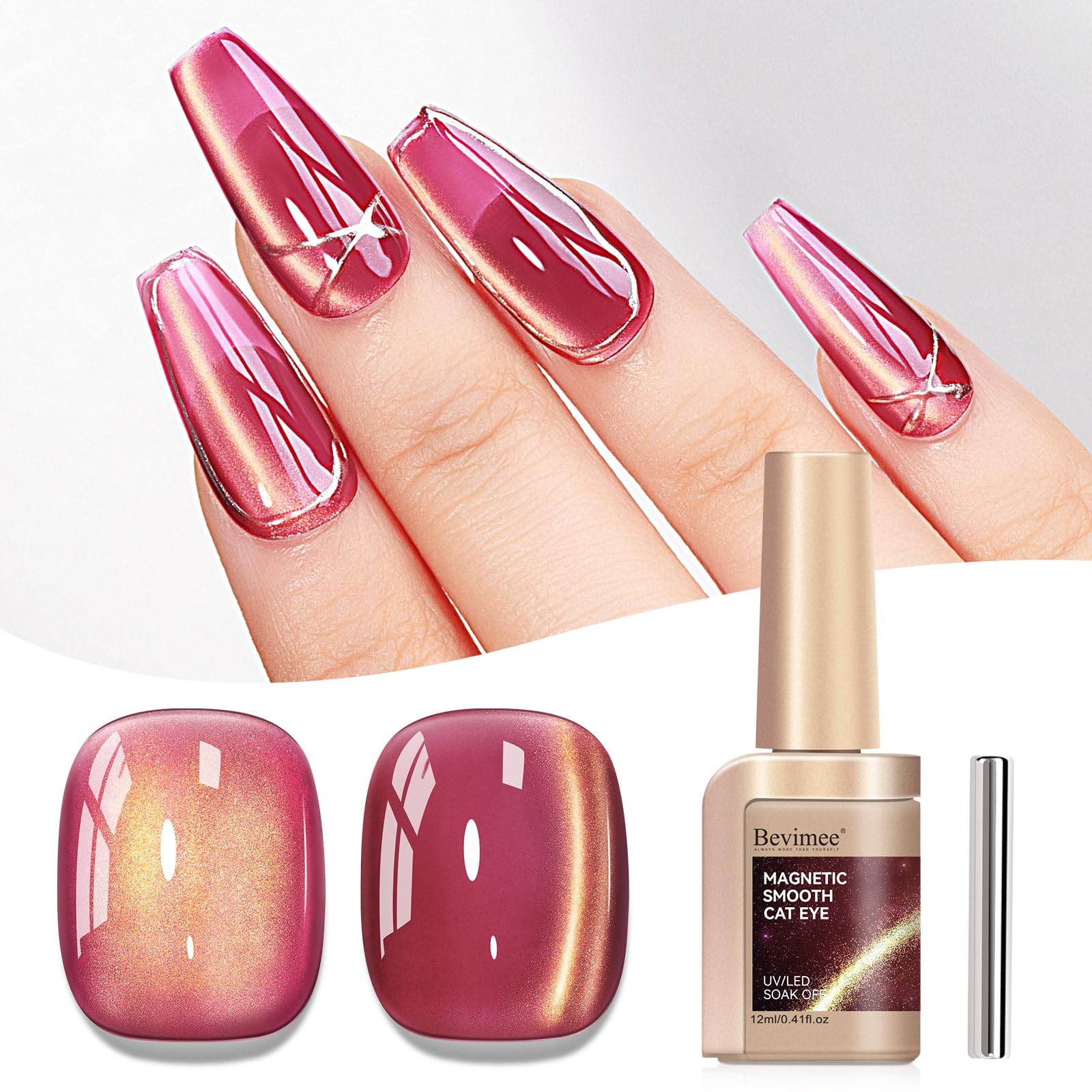 Bevimee cat eye gel nail polish bottle closeup showing glass shine