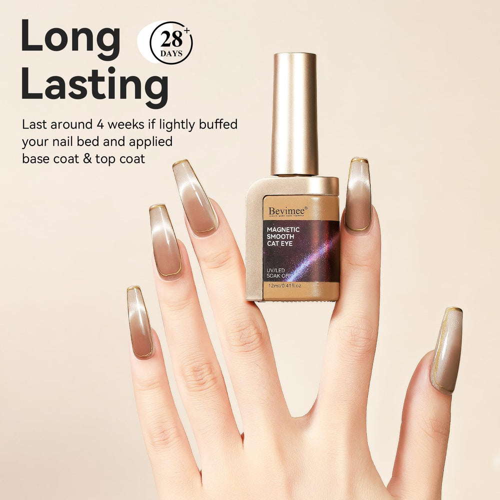 Bevimee holographic cateye effect nails with brilliant light reflection.