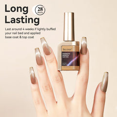 Bevimee holographic cateye effect nails with brilliant light reflection.