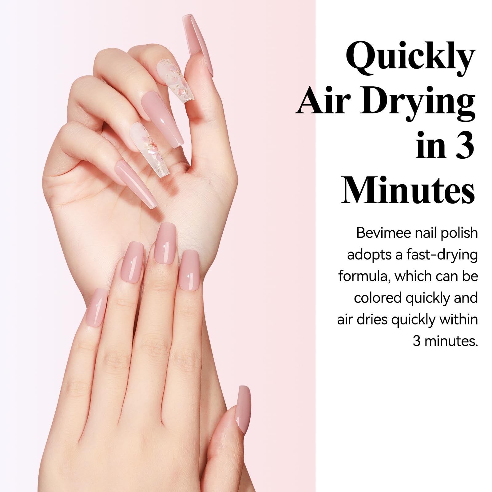Bevimee long-wear nude polish lasts up to seven days.