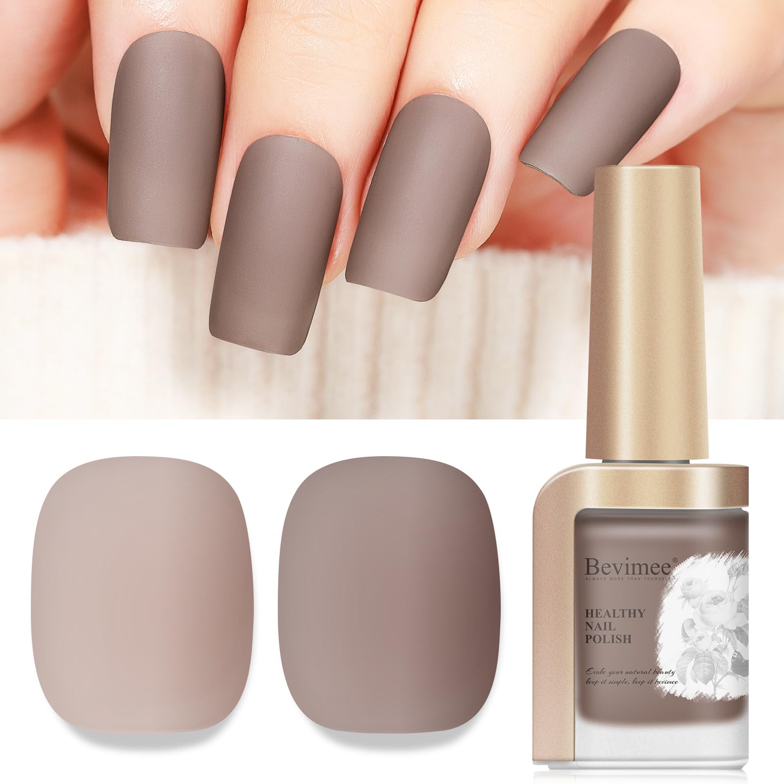 Bevimee matte nail polish brown velvet finish bottle shows rich color