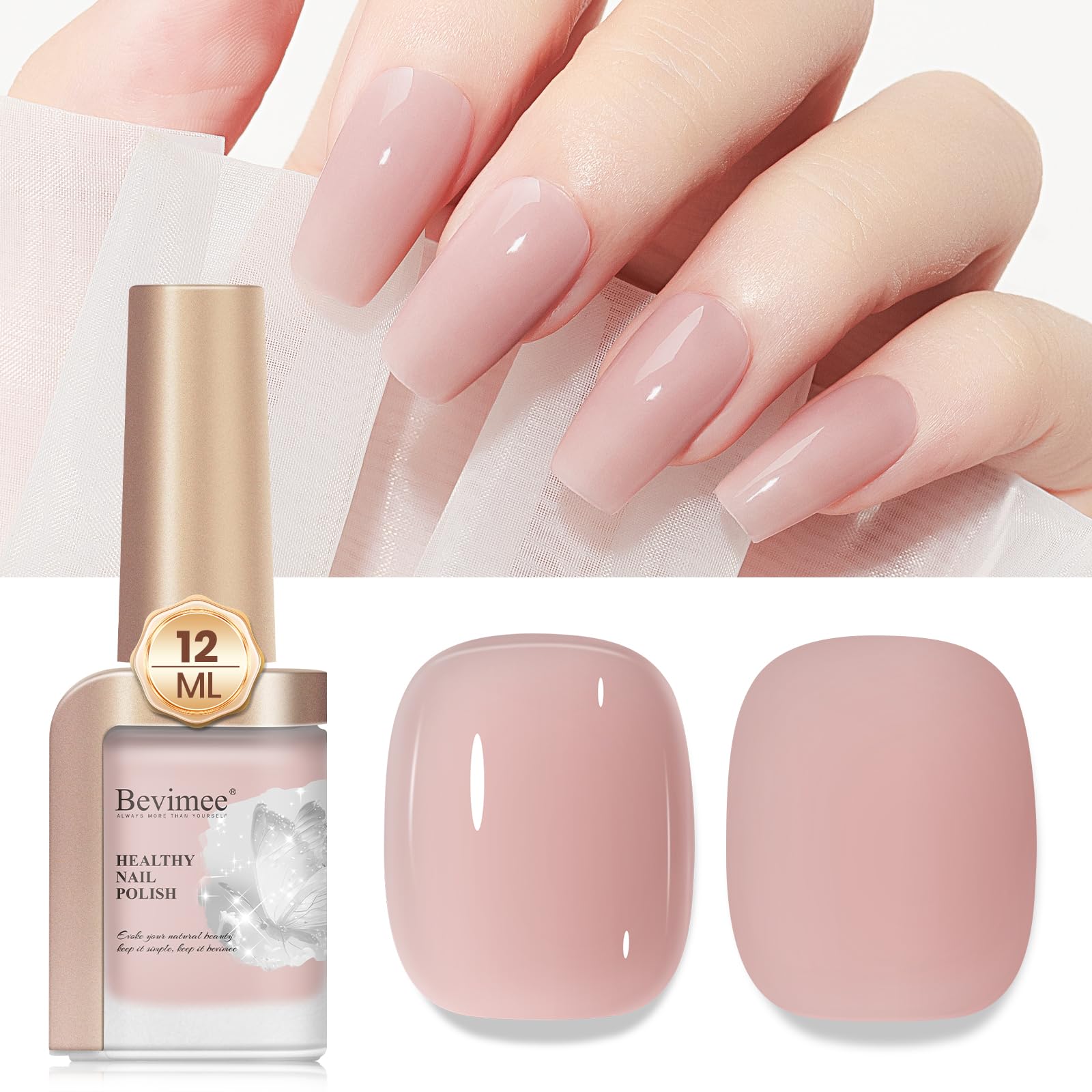 Bevimee Quick Dry Nail Polish bottle closeup shows quick nude shade for fast manicures.