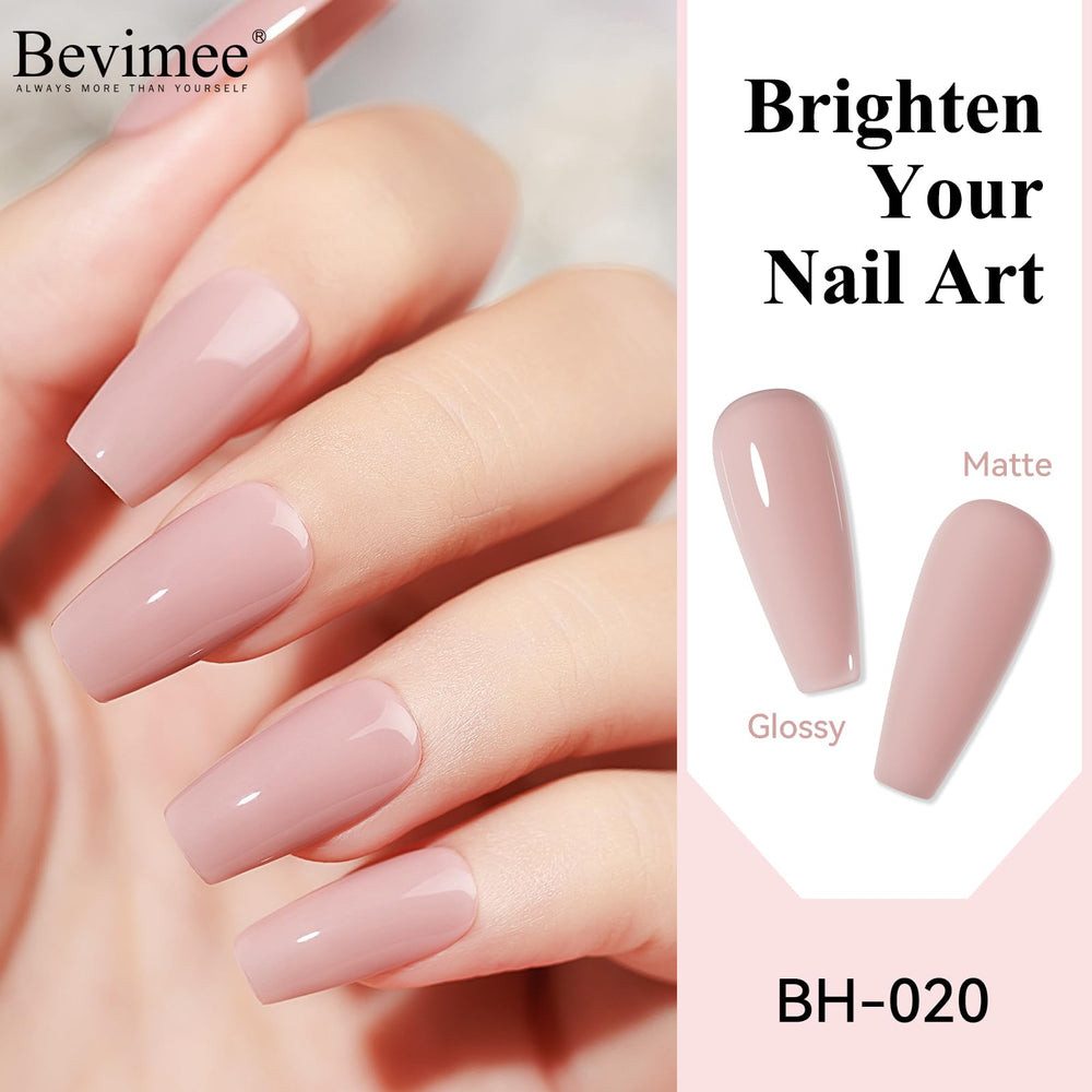 Bevimee water-based nail polish application suggests easy at-home use without UV lamp.