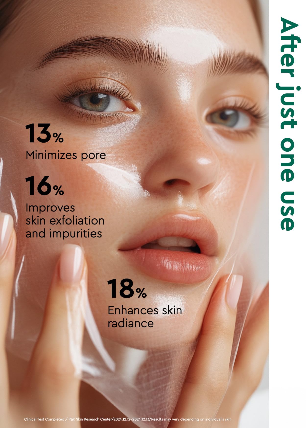 BE+WANTS mask application close-up — exfoliating action refines pores without scrubbing