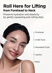 BE+WANTS Bewants neck serum roll-on being applied to the neck area for contour definition.