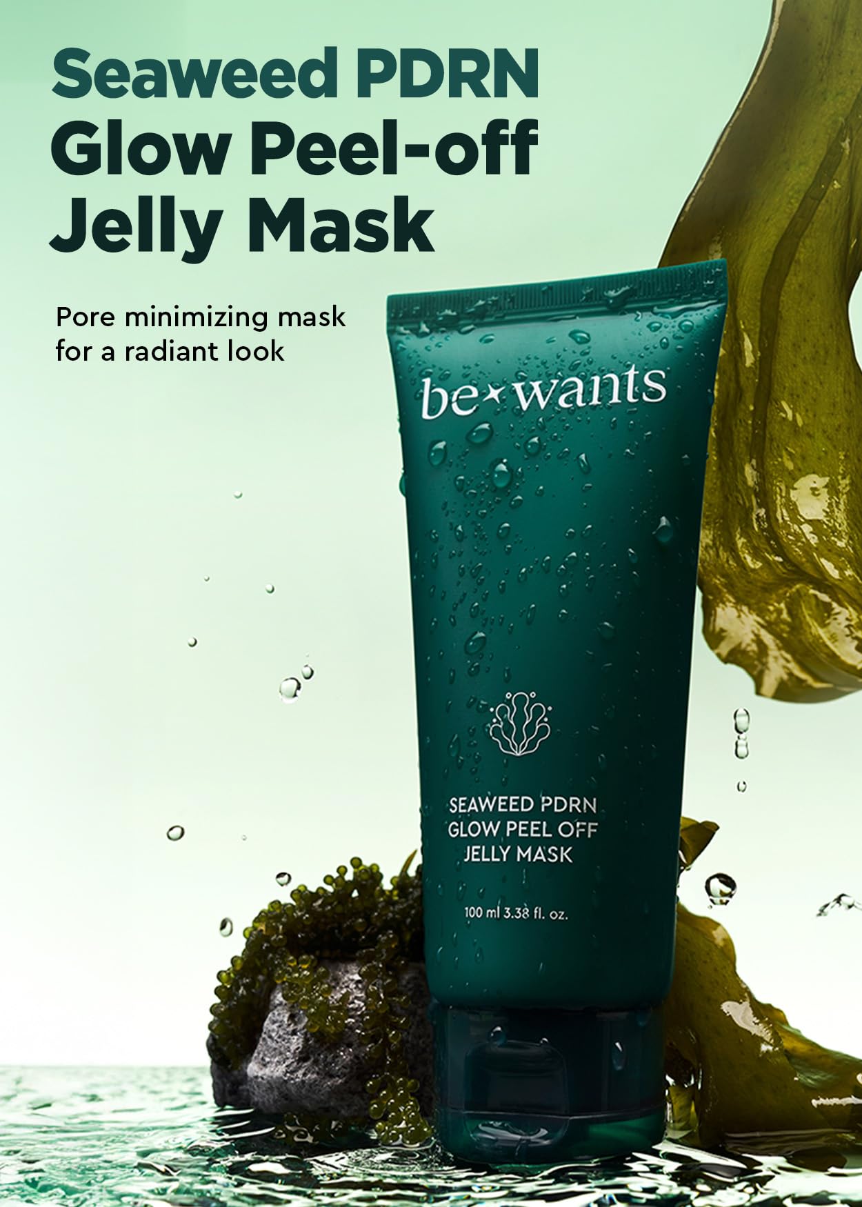 BE+WANTS Seaweed PDRN jelly peel-off close-up — smooths texture as it dries