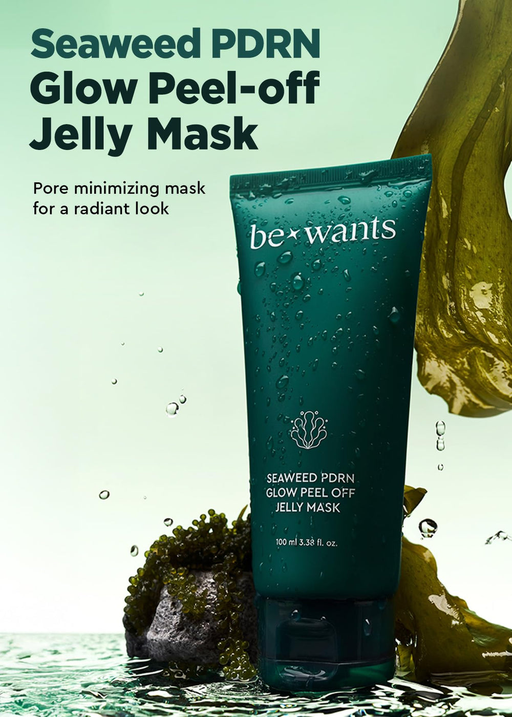 BE+WANTS Seaweed PDRN jelly peel-off close-up — smooths texture as it dries