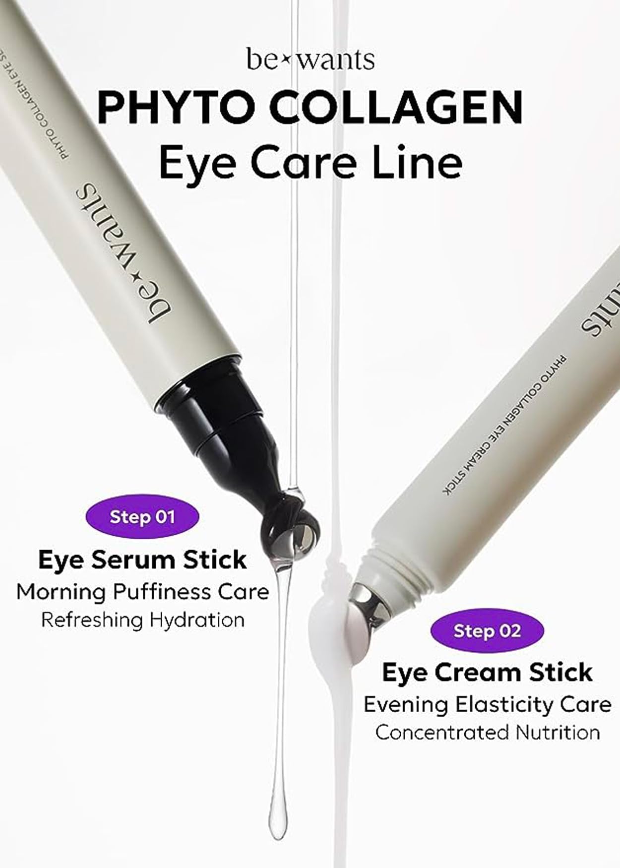 BE+WANTS under eye cream texture close-up shows creamy silky formula.