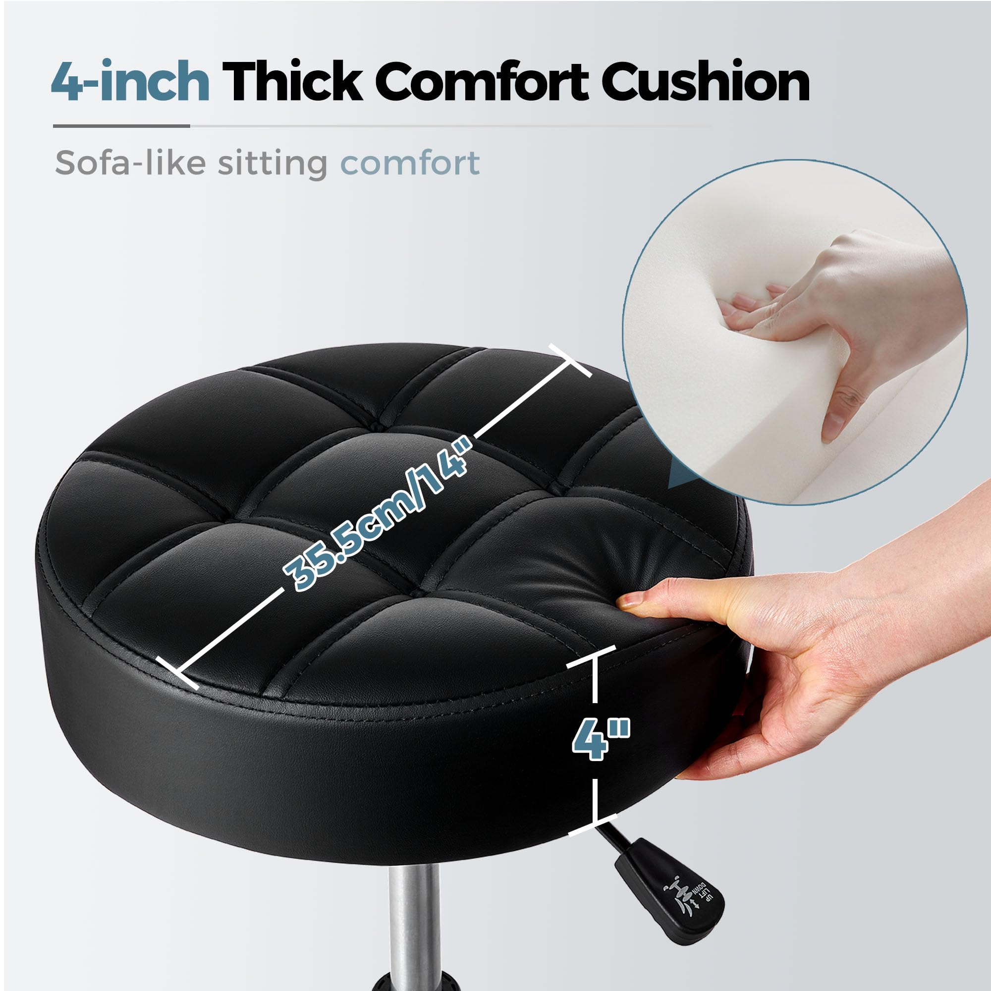 BEWISHOME rolling stool 360 swivel indicates full range of motion for tasks