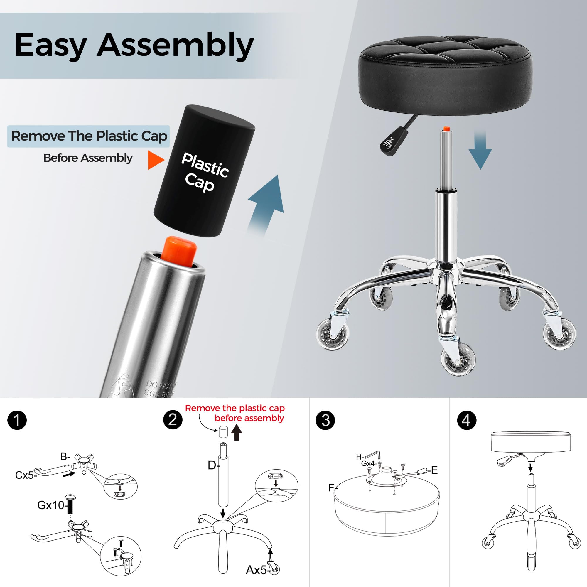 BEWISHOME rolling stool metal-base demonstrates durability and 450 lb load capacity