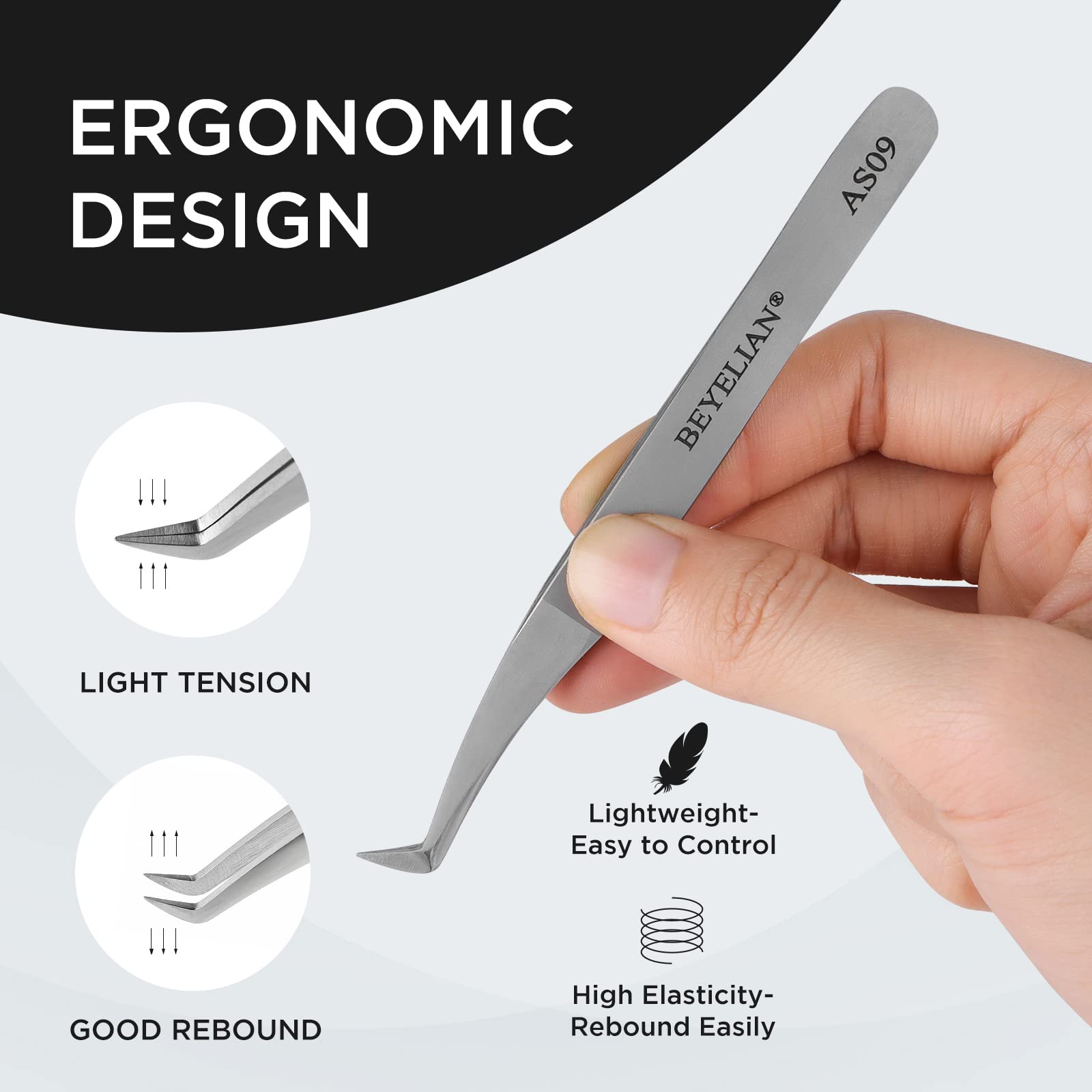 Beyelian lightweight lash tweezers offer comfortable grip for beginners and pros.