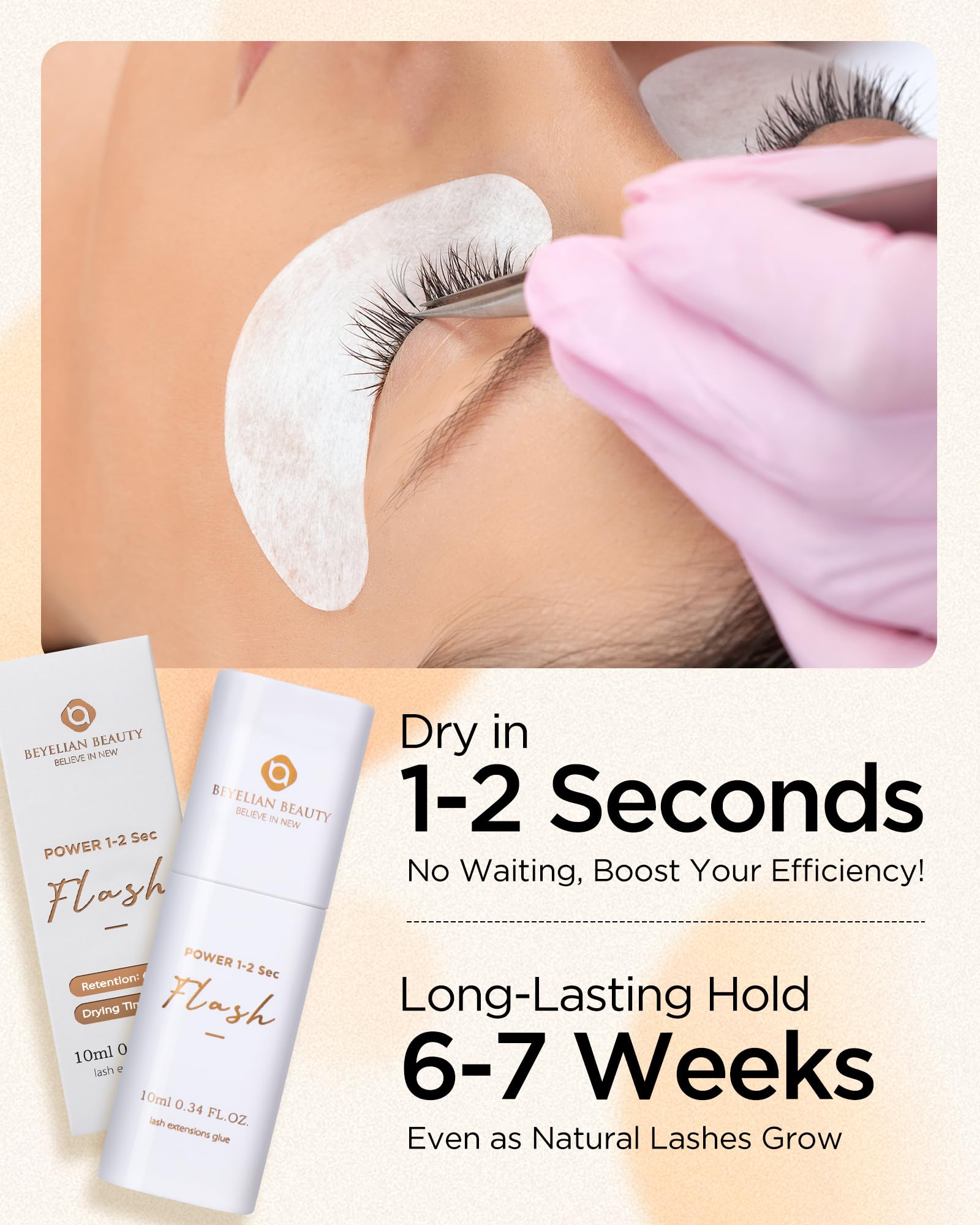 BEYELIAN one-second-dry-time glue demonstrates fast cure for efficient lash appointments.