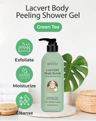 BEYOND Lacvert green-tea texture highlighting soothing exfoliation with green-tea extract.