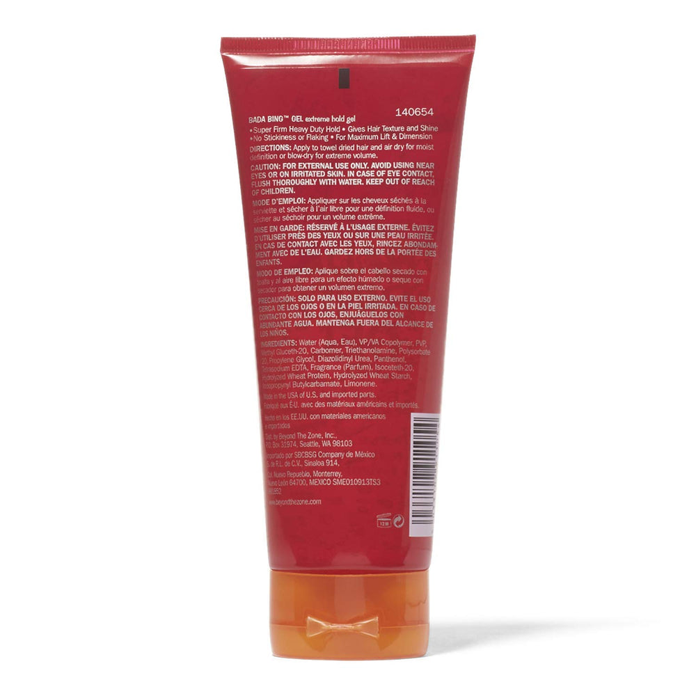Beyond the Zone Bada Bing Extreme Hold Gel shine-finish image emphasizes durable hold with no flaking.