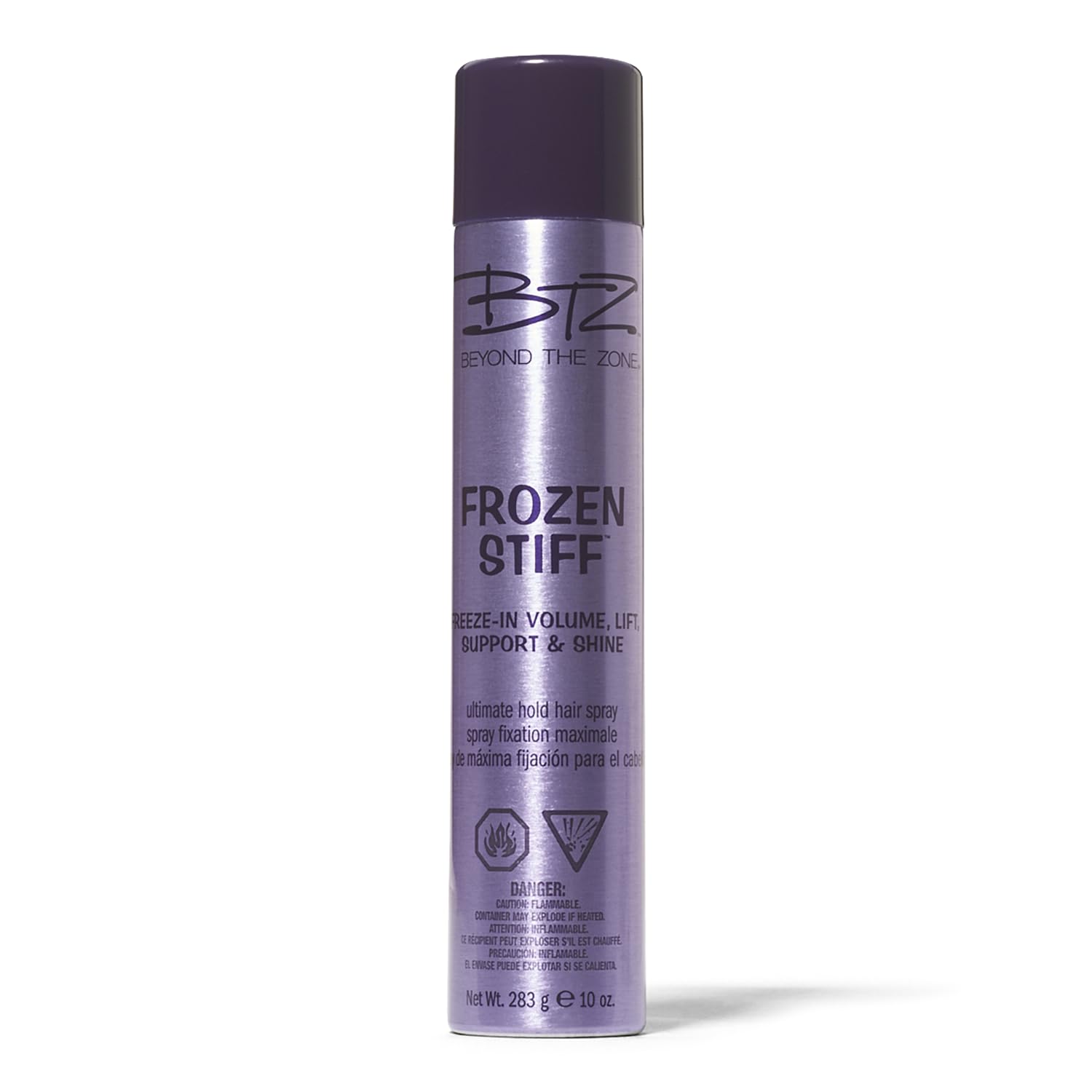 Beyond the Zone Frozen Stiff bottle highlights humidity-resistant hold for humid-day styling.