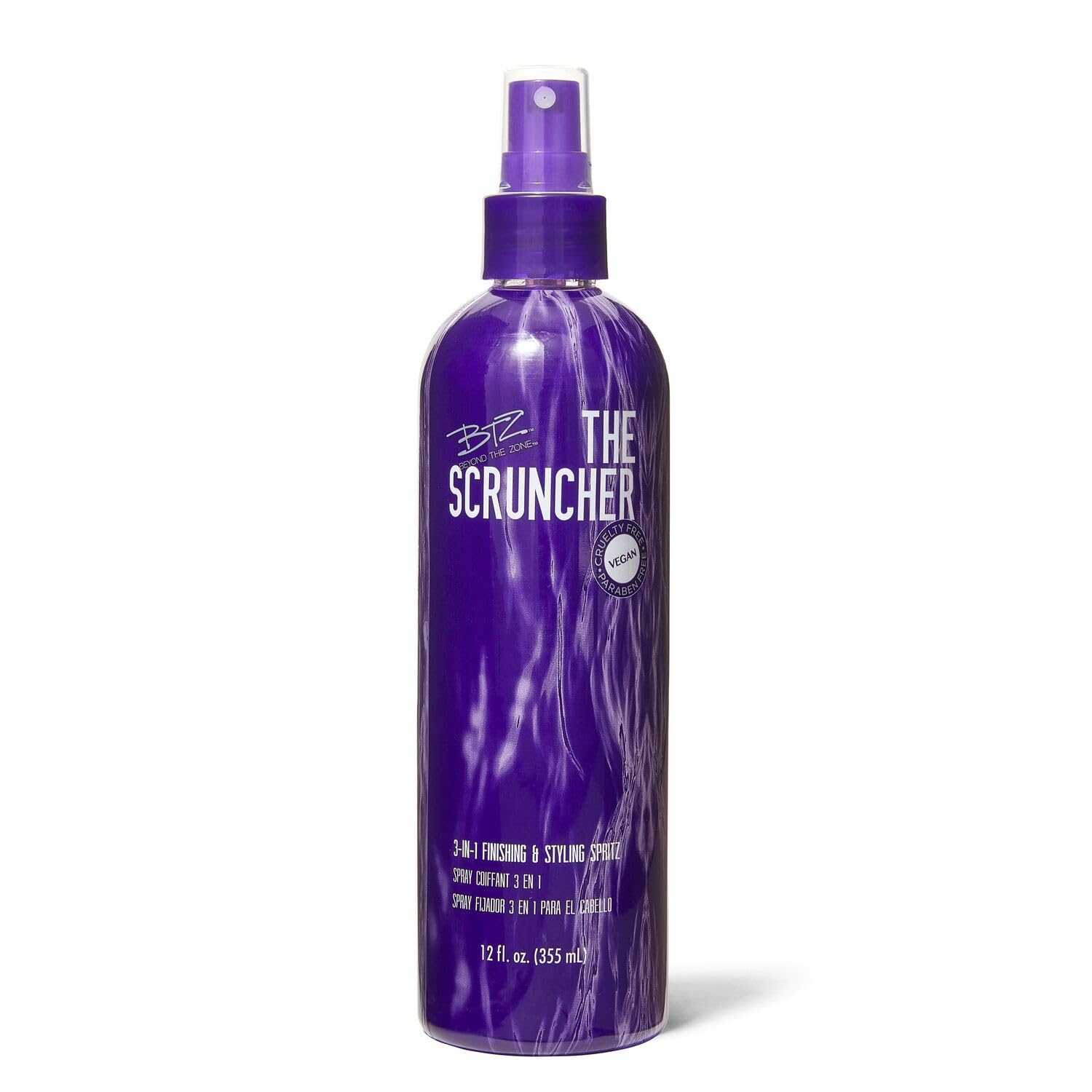 Beyond The Zone Scruncher bottle pour shows a spray, promising defined curls and volume.