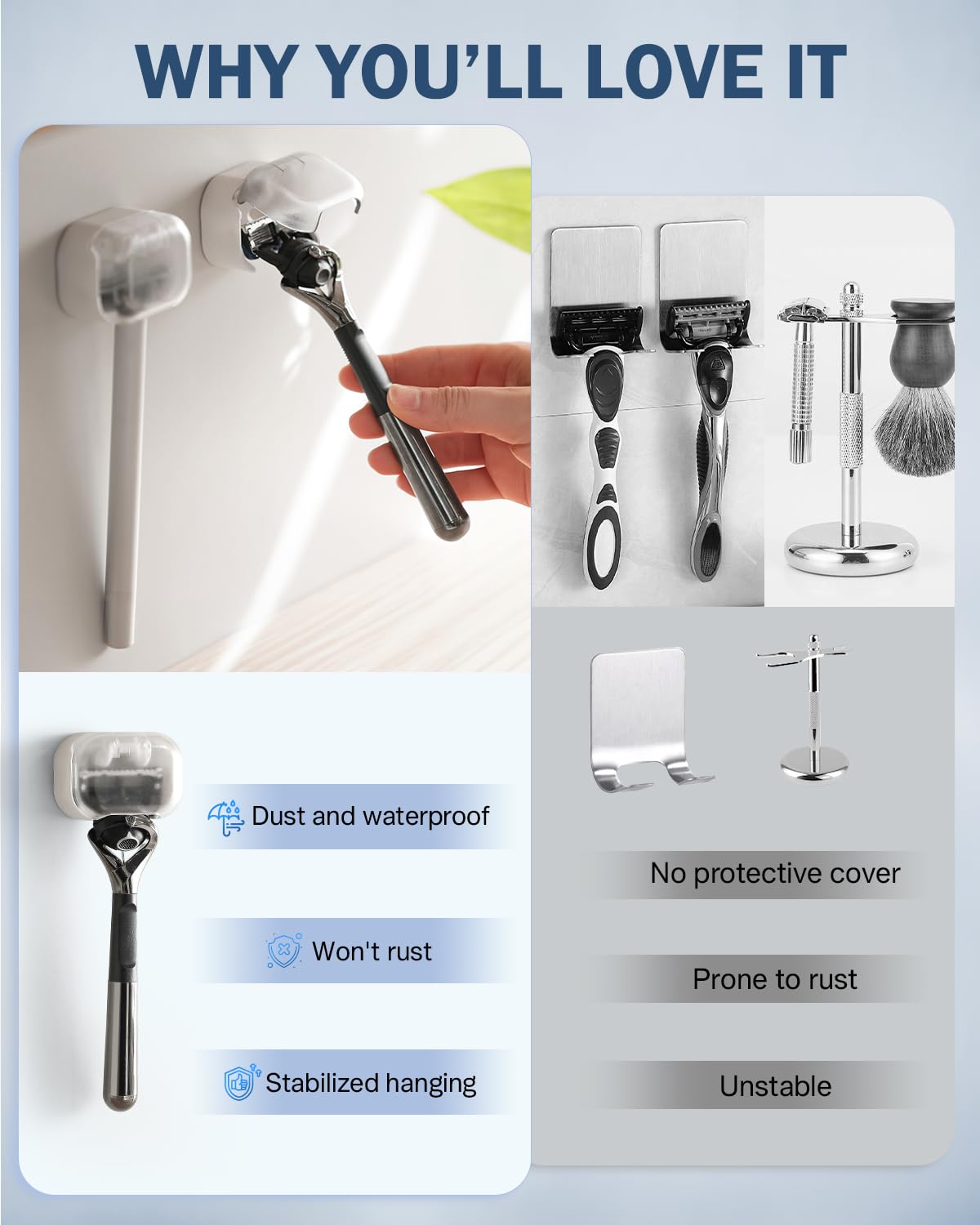 BEZOX dual placement keeps razors reachable in shower and sink