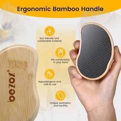 BEZOX foot care dry-use demonstrates smoothing of rough skin on feet.