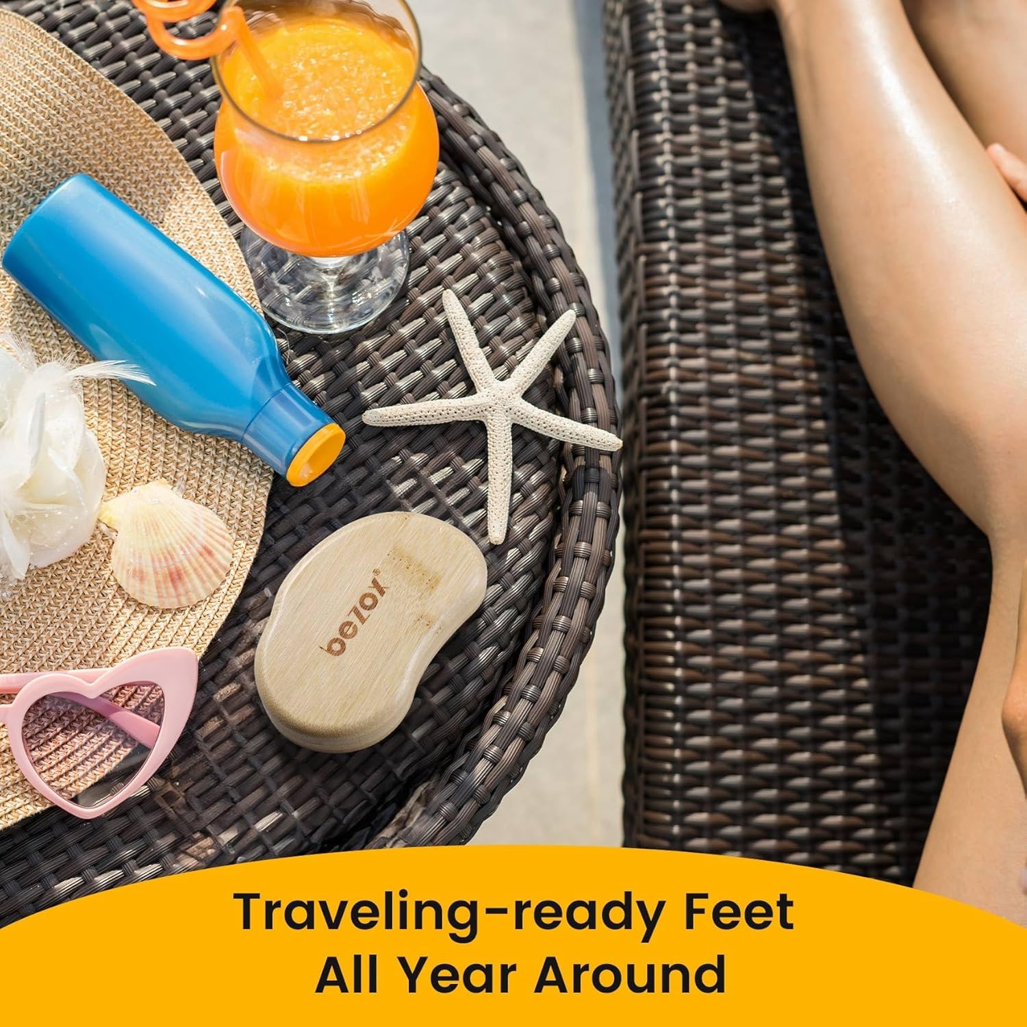 BEZOX foot-care routine image highlights use on elbows and knees for smooth skin.
