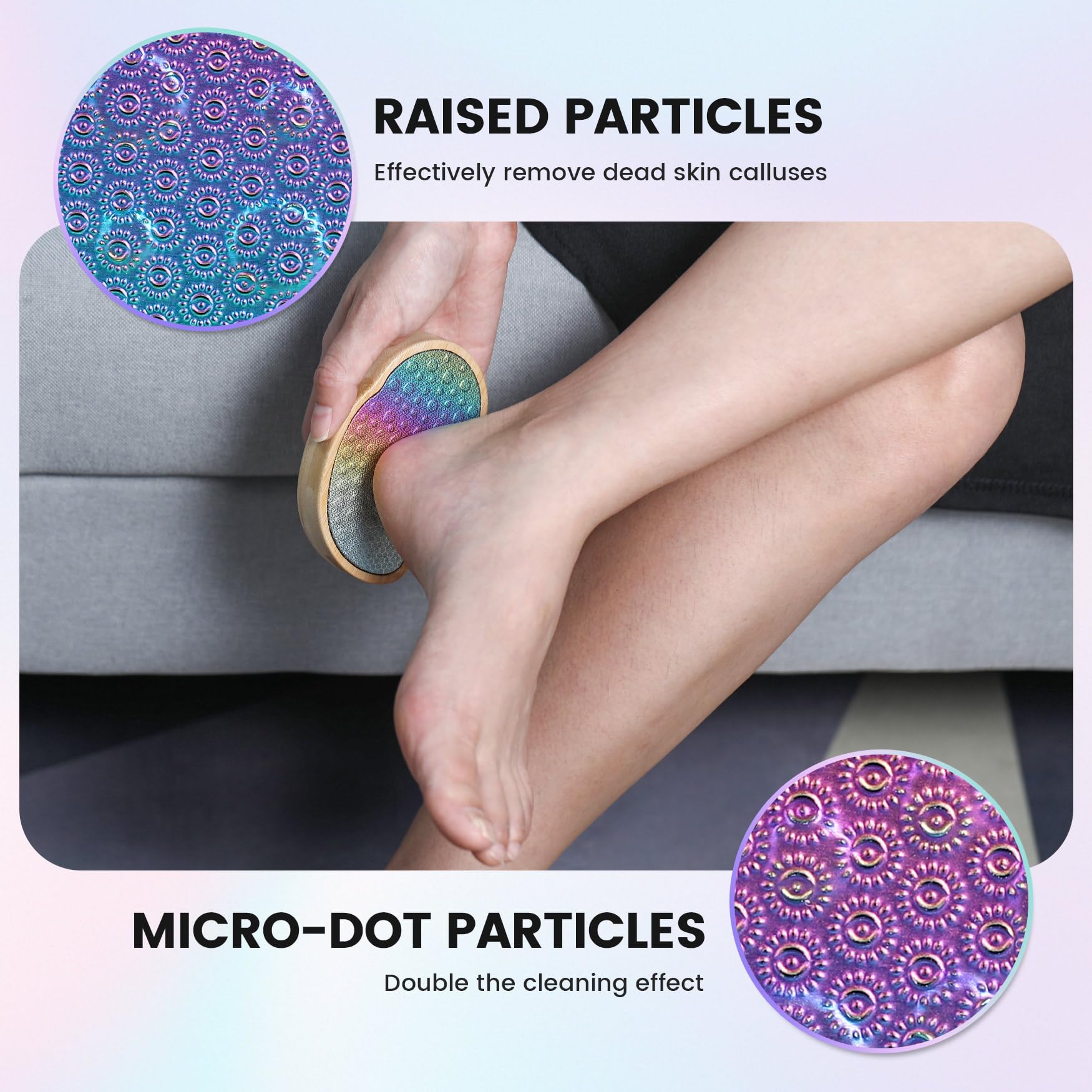 BEZOX Rainbow Foot File on dry feet ready for exfoliation routine.