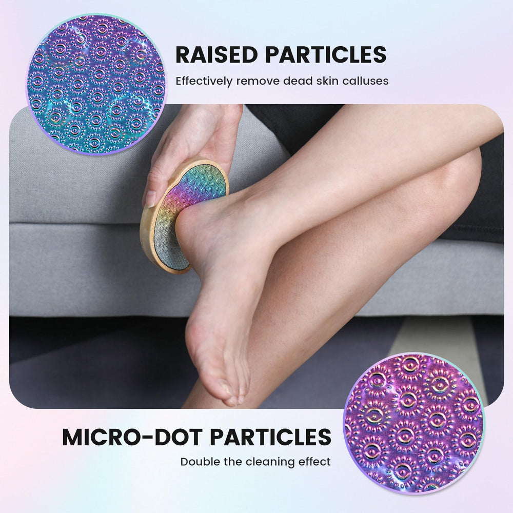 BEZOX Rainbow Foot File on dry feet ready for exfoliation routine.