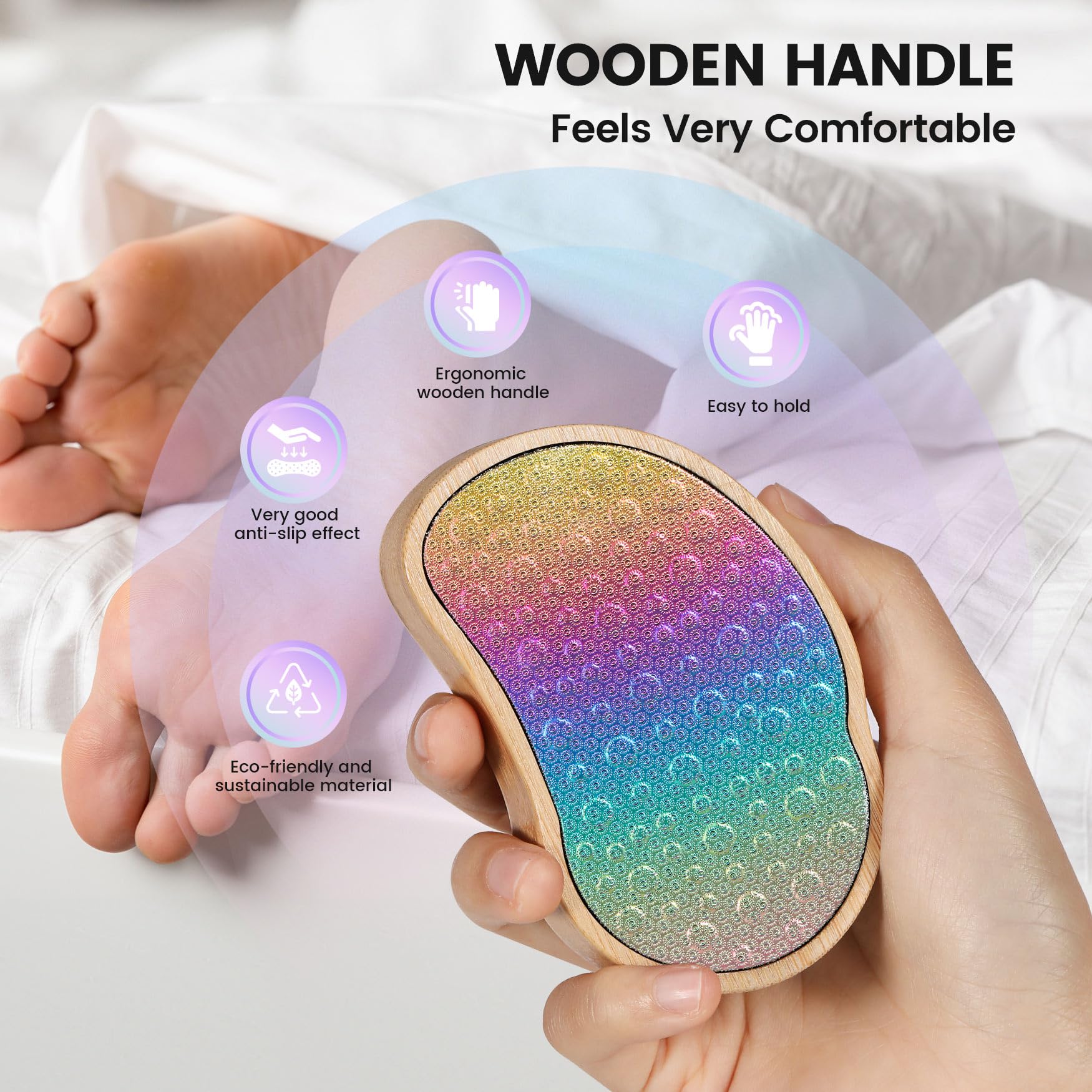 BEZOX Rainbow Foot File in hand illustrating comfortable grip and leverage.
