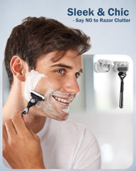 BEZOX razor holder demonstrates ultra-strong adhesive mounting on a bathroom wall