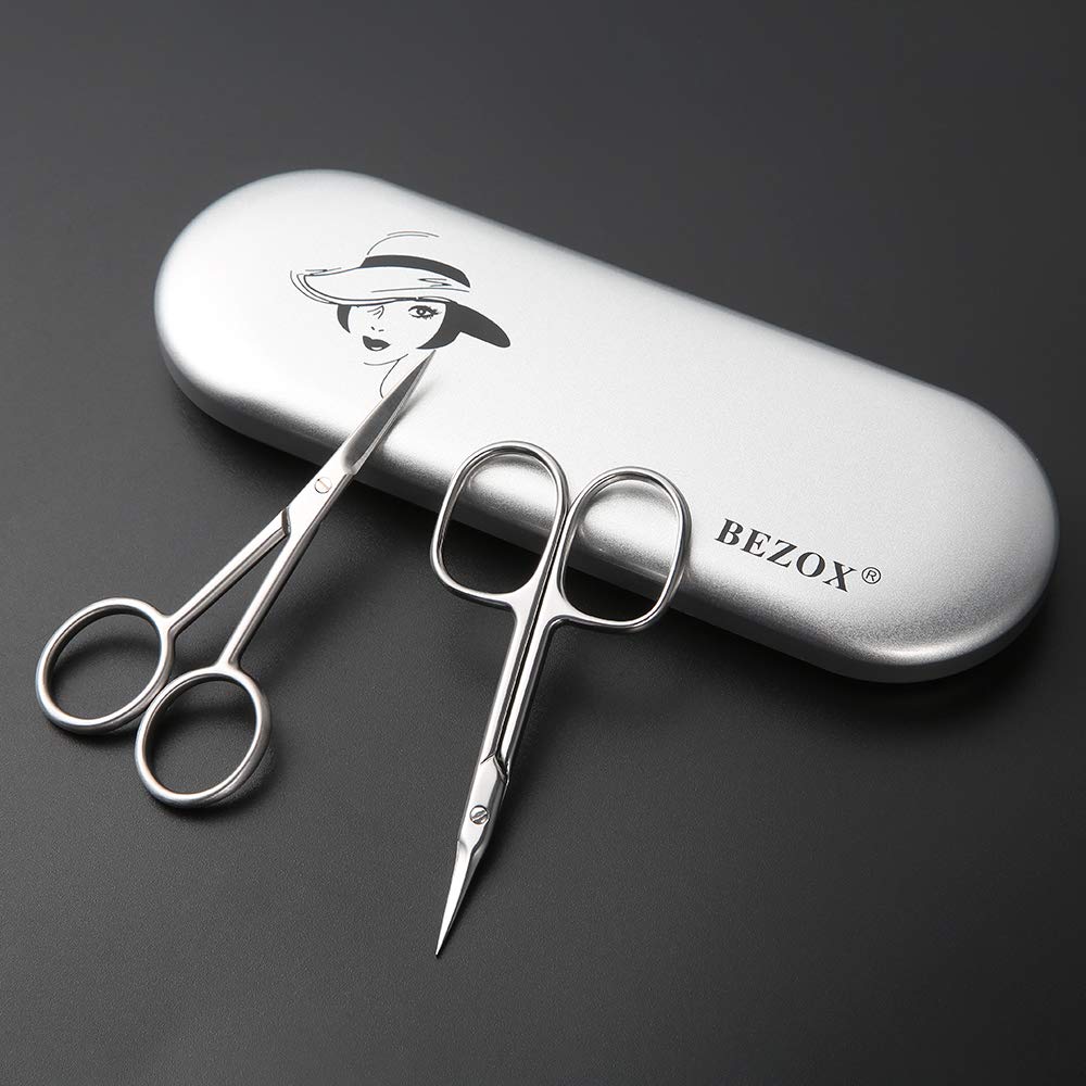 BEZOX small scissors nose and ear hair use close-up highlights safe, precise trimming.