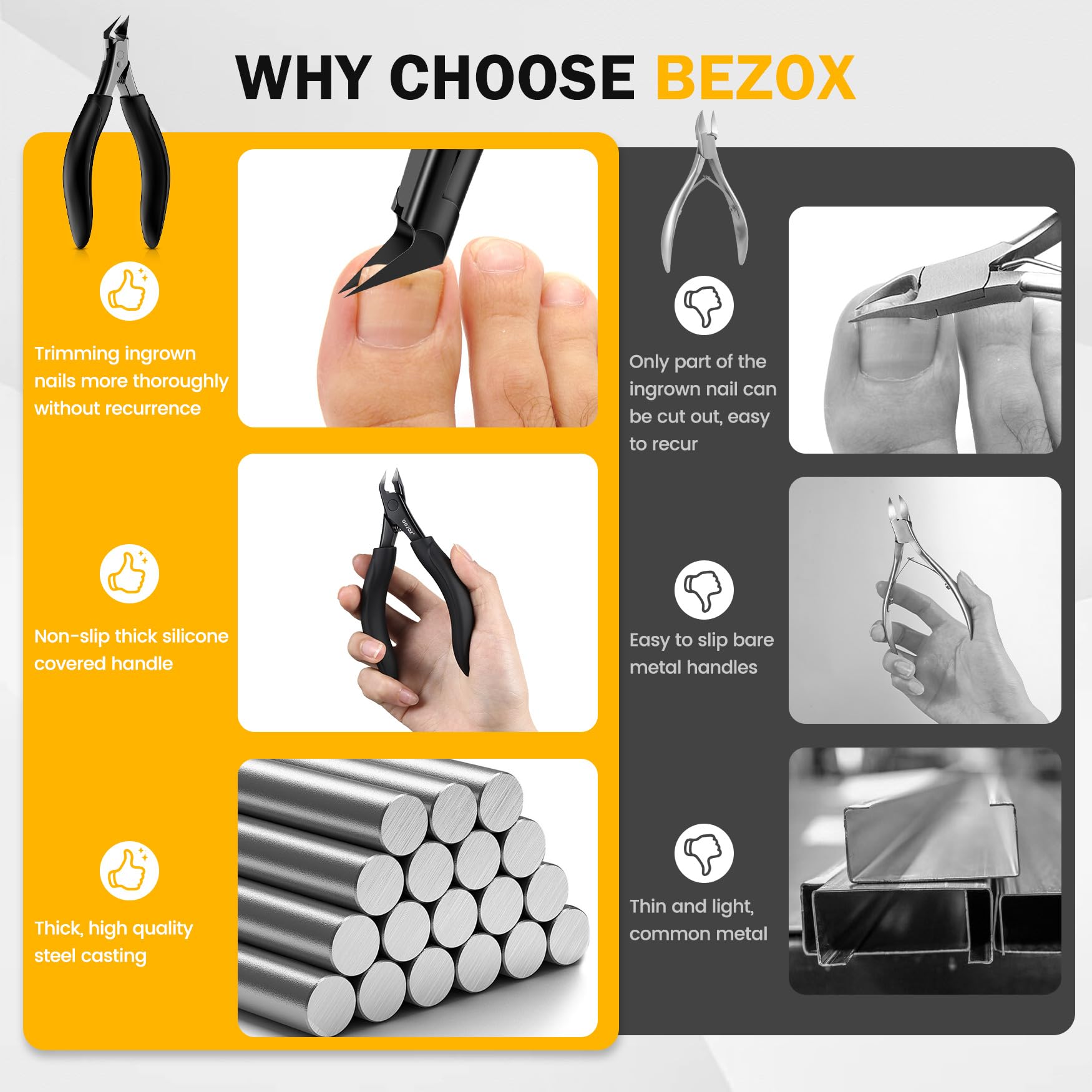 BEZOX razor-sharp blades provide neat cuts on hard nails.