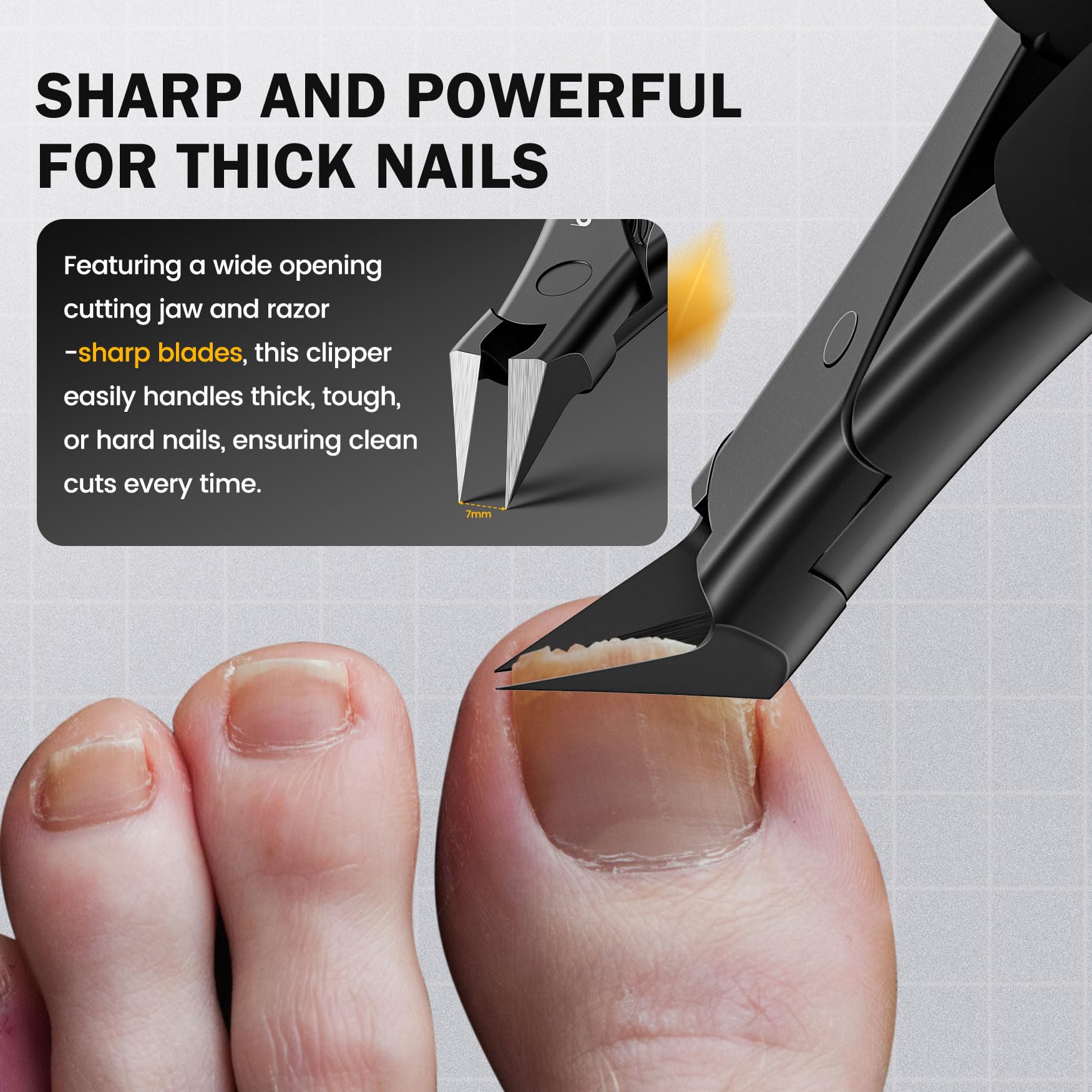 BEZOX thick-nail cutting jaw trims tough nails cleanly.