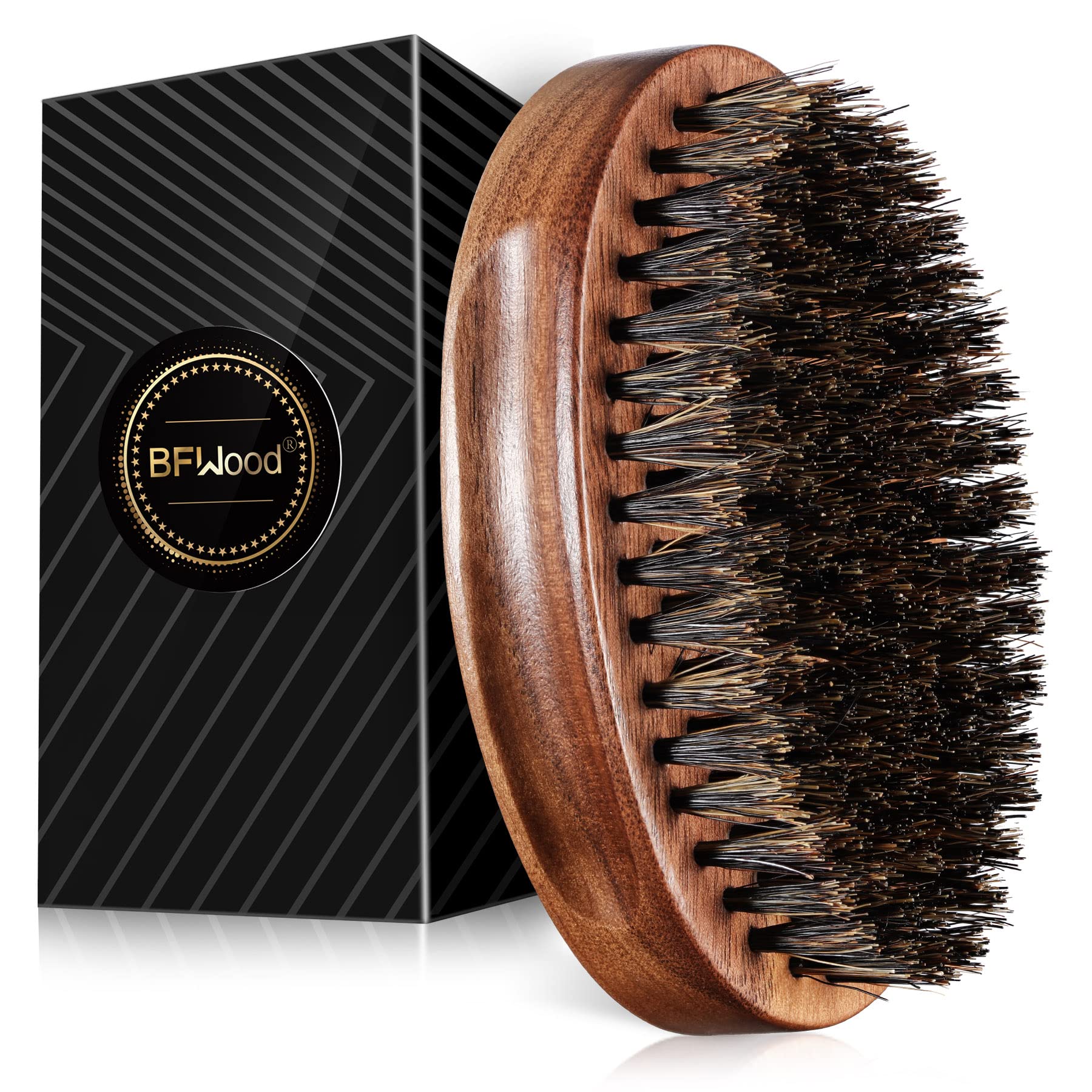 BFWood boar-bristle beard brush close-up highlighting natural bristles for even balm distribution.