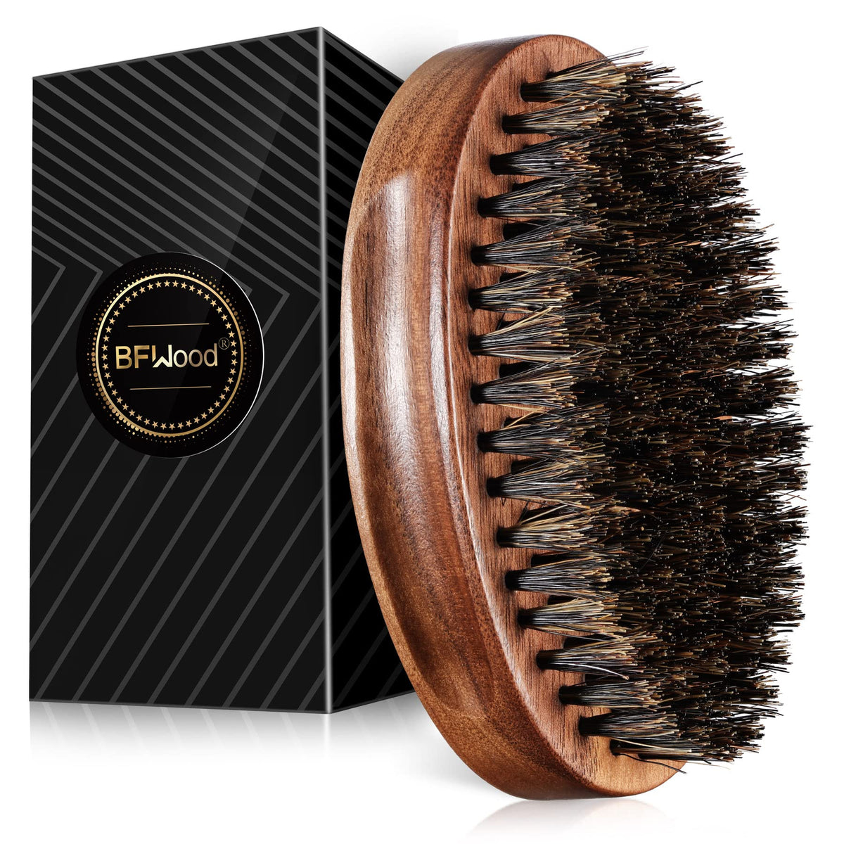BFWood boar-bristle beard brush close-up highlighting natural bristles for even balm distribution.