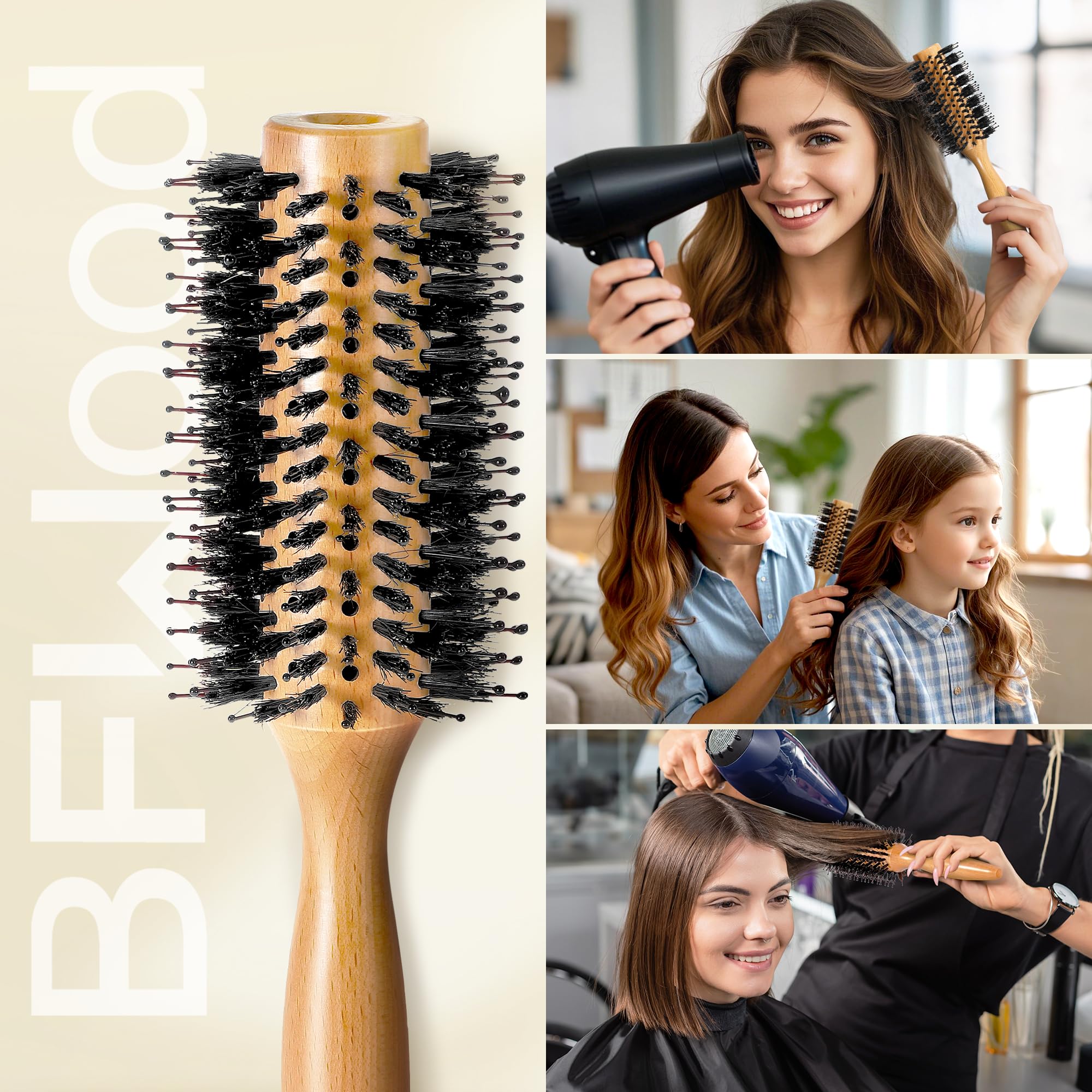 BFWood boar bristle round brush evenly distributes scalp oils for healthier-looking hair.