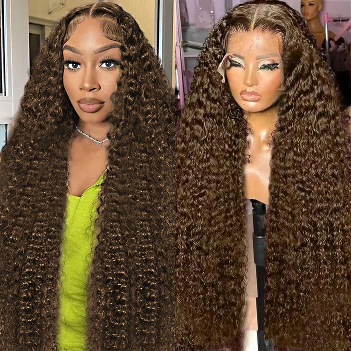 BIANFA 30 inch chocolate brown deep wave wig front view shows natural lace and volume