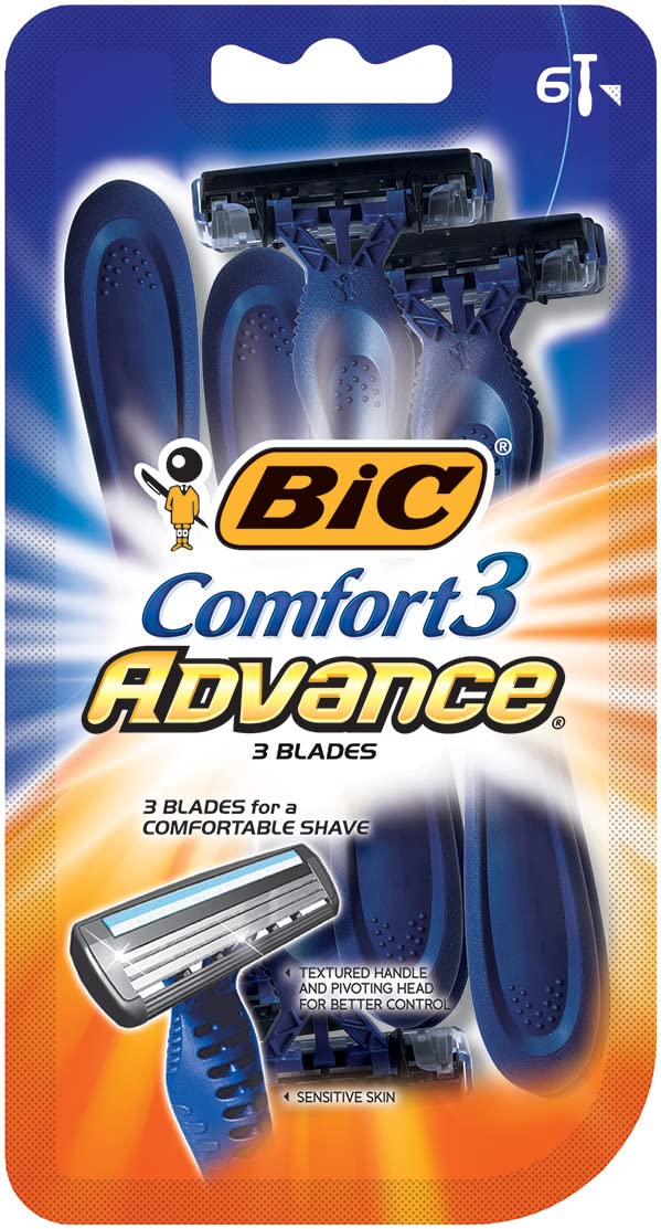 BIC Comfort 3 Advanced razor pack six close-up blades for a smooth shave.