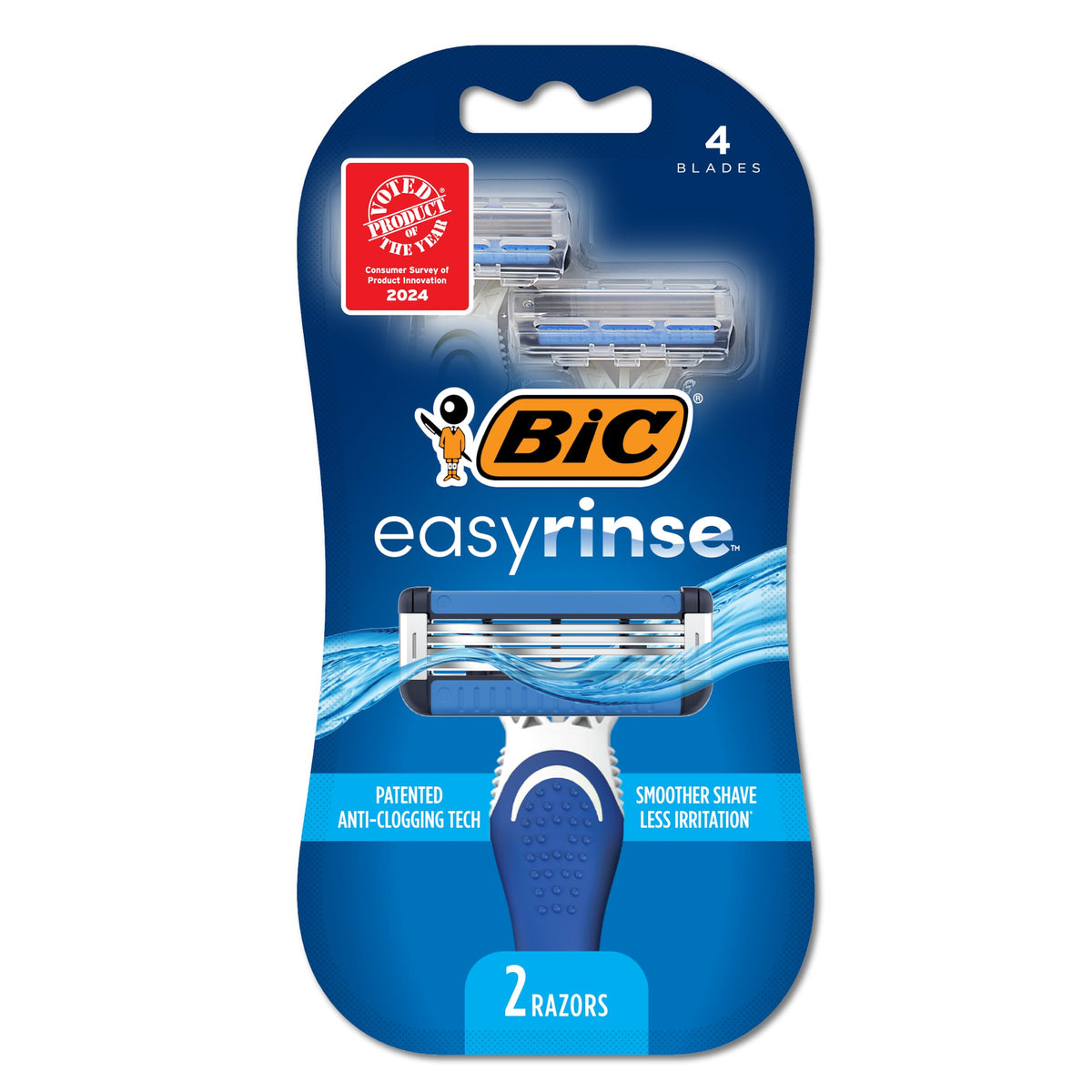 BIC EasyRinse razor pack shows four blades for a smoother shave