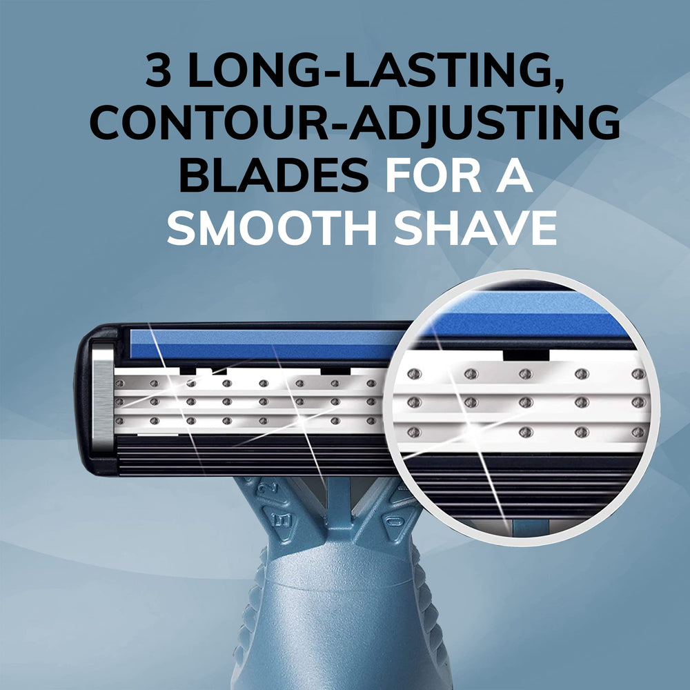 BIC Flex 3 Titanium razor shows Aloe Vera and Vitamin E lubricating strip for a smooth glide.
