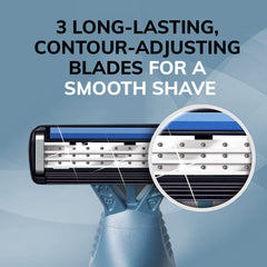BIC Flex 3 Titanium razor shows Aloe Vera and Vitamin E lubricating strip for a smooth glide.