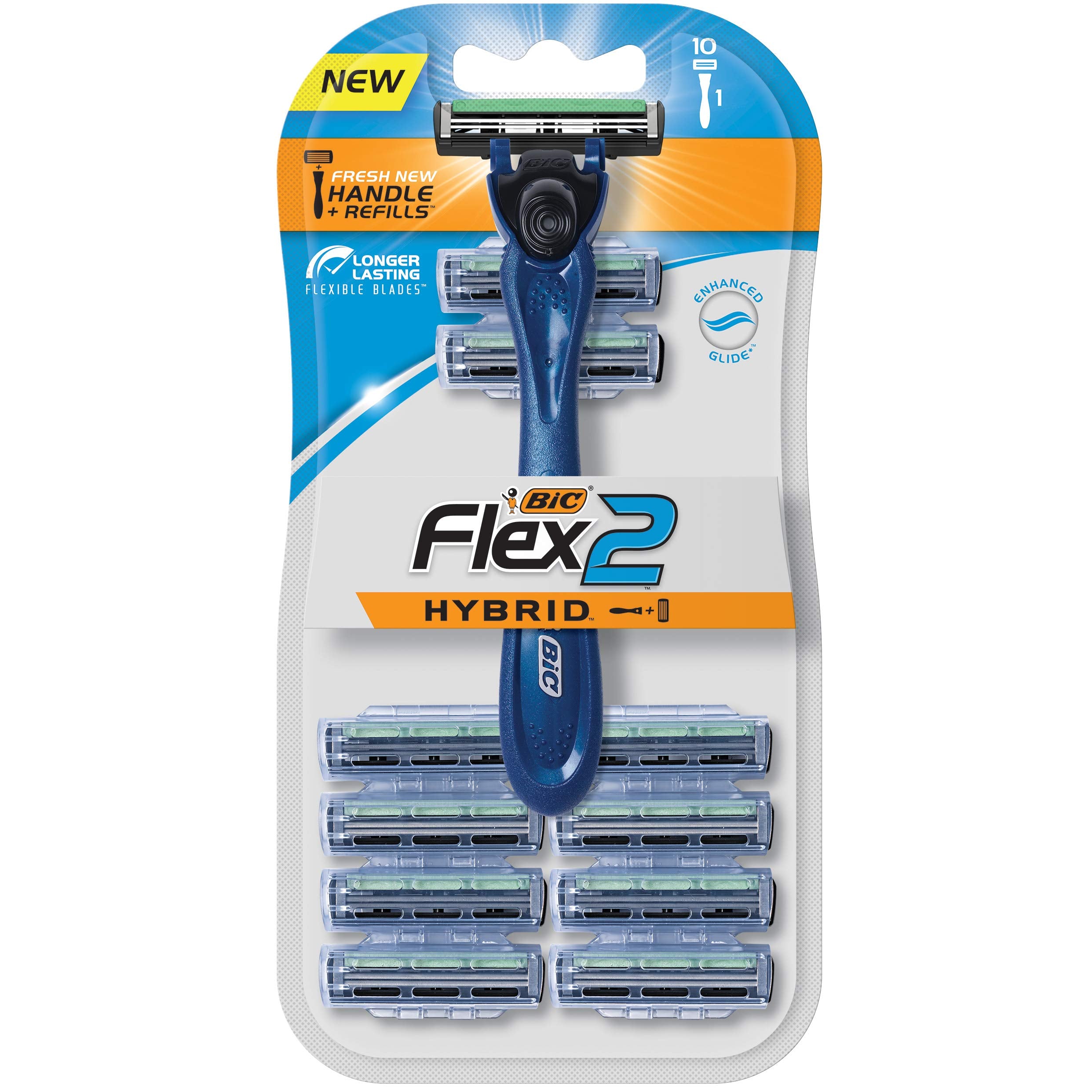 BIC Flex2 Hybrid razor blue handle demonstrates ergonomic grip for a smooth shave.