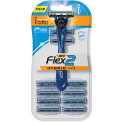 BIC Flex2 Hybrid razor blue handle demonstrates ergonomic grip for a smooth shave.