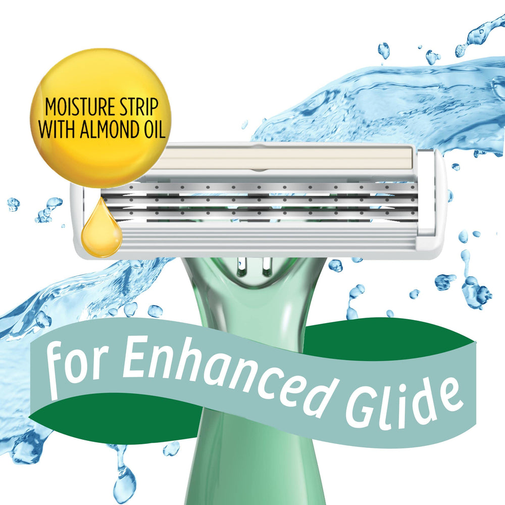 Moisture strip enriched with almond oil on BIC Soleil Escape razor for gentle lubrication.