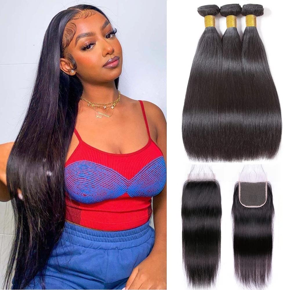 BICNGA 10A Brazilian straight bundles with closure packaging for versatile styling options.