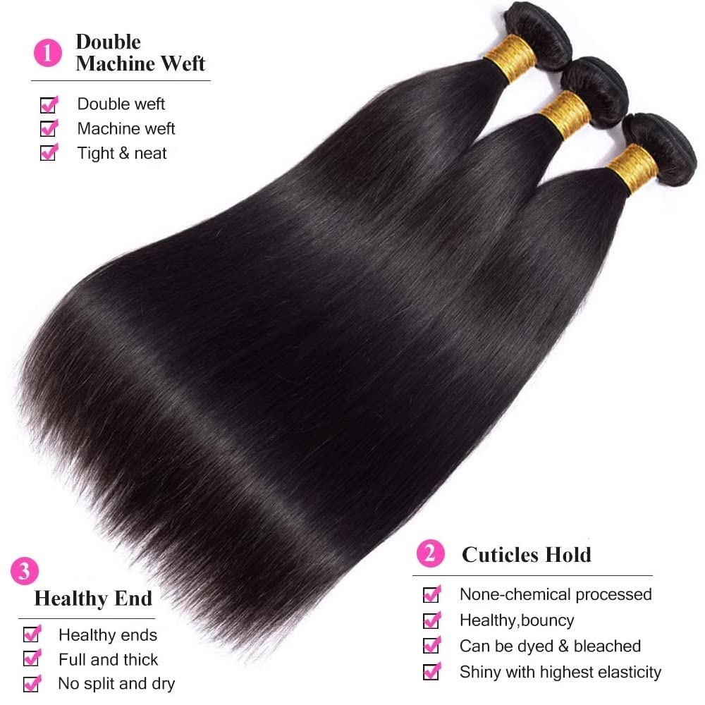 BICNGA straight hair bundles with 4x4 HD lace closure for natural part.