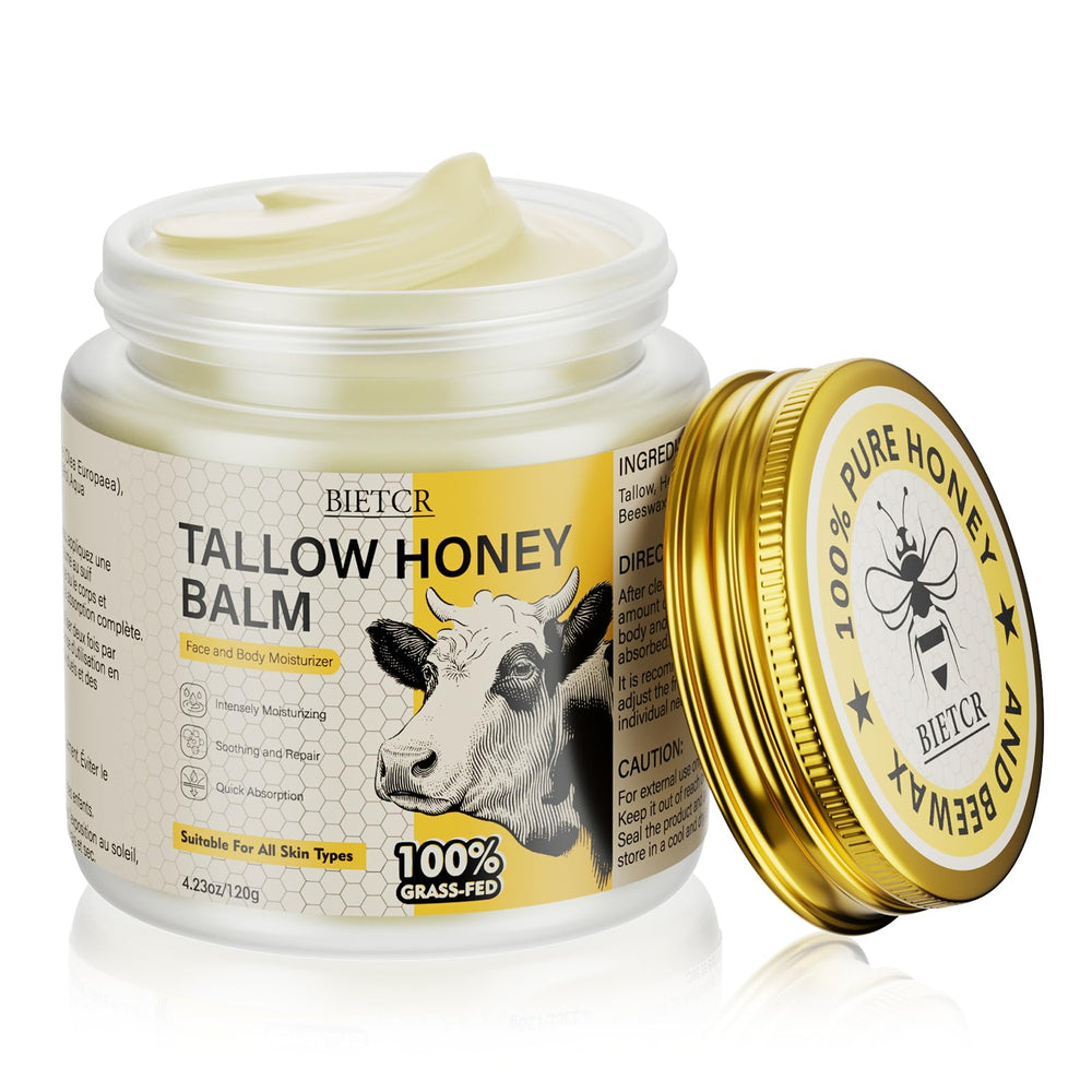 BIETCR grass-fed tallow jar closeup highlights pure ingredients for skin nourishment.