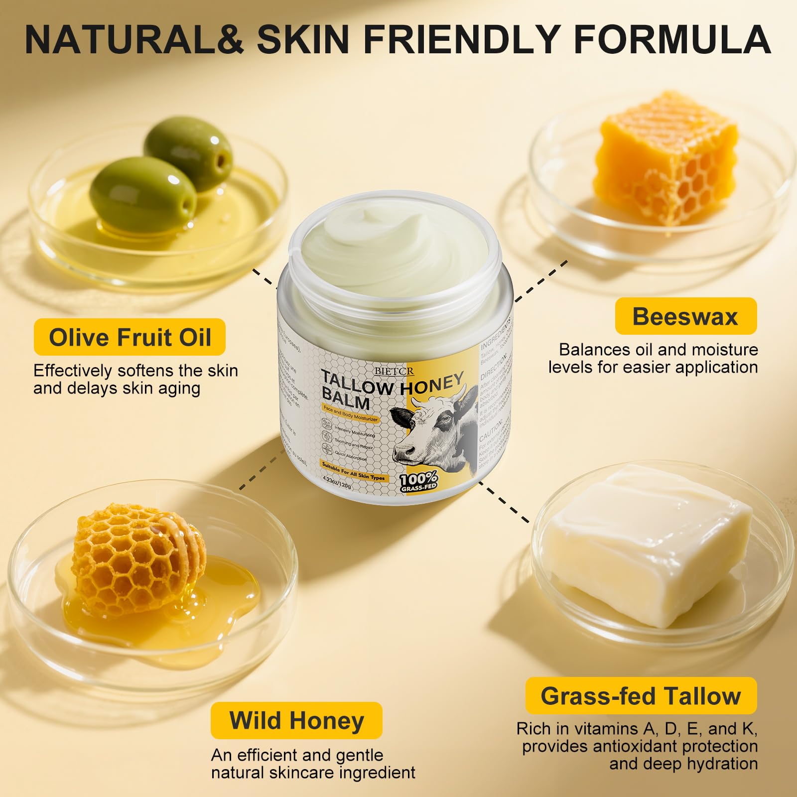 BIETCR wild honey, beeswax, olive oil ingredients emphasize natural skincare benefits.