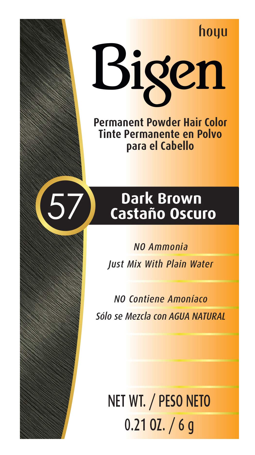 Bigen 57 dark brown powder packaging with six-pack provides convenient gray coverage