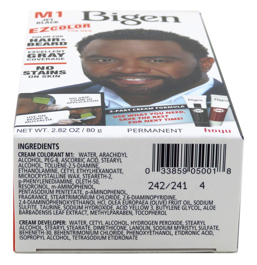 Bigen Ez Color for Men Jet Black Kit 6-pack shows color cream and brush for precise application